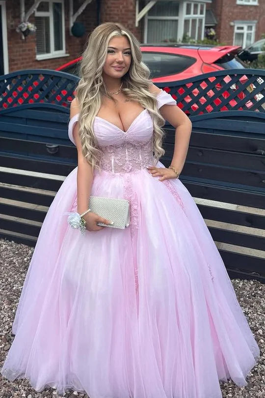Pink Off-Shoulder Appliques Pleated Tulle Long Prom Gown